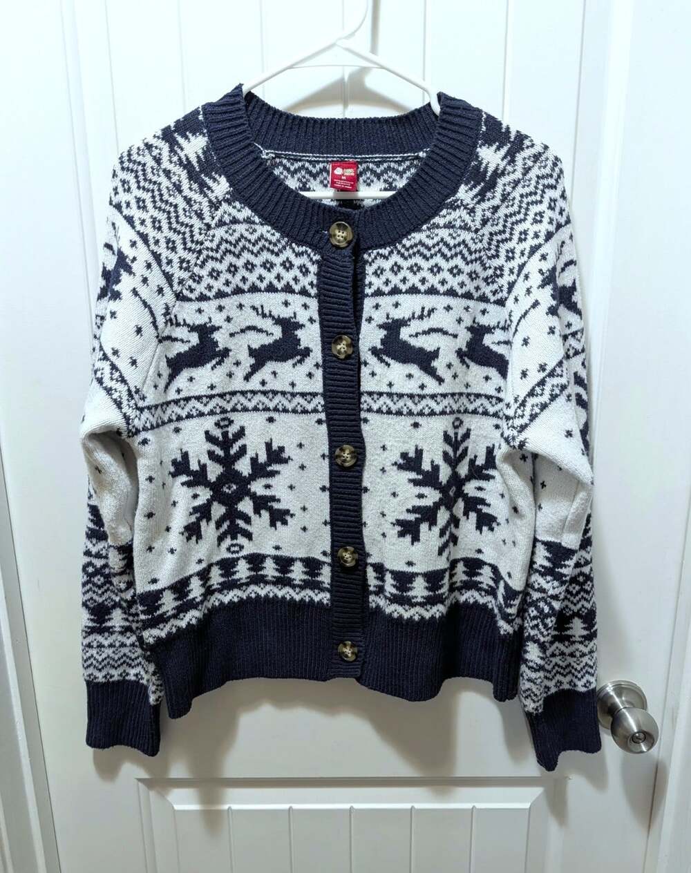 Dec 25th Womens M Ugly Christmas Sweater Cardigan Navy White Reindeers Holiday